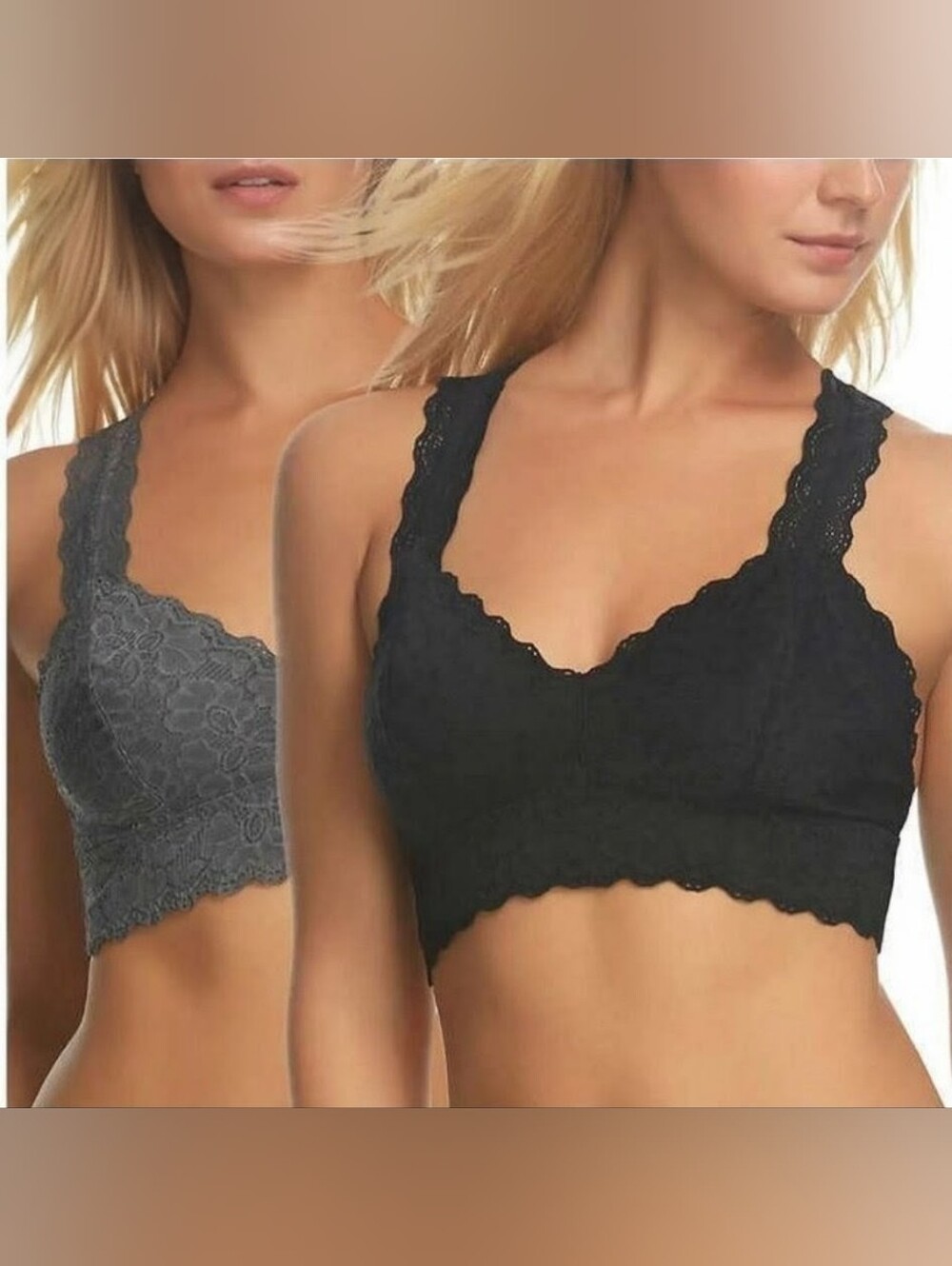 Felina Lace Racerback Unpadded Wireless Bralette - Black & Gray Size L